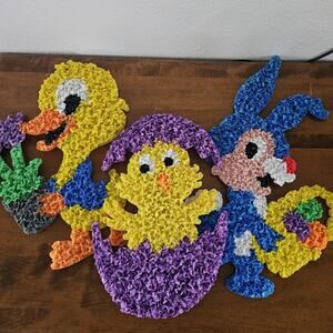 Vtg Easter Bunny Rabbit Chick Egg Duck Melted Plastic Popcorn wall Decor Lot 3